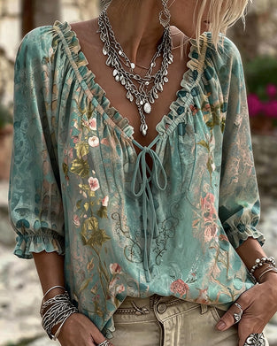 Blouse Imprimé Floral Cordon Manche Trois Quarts