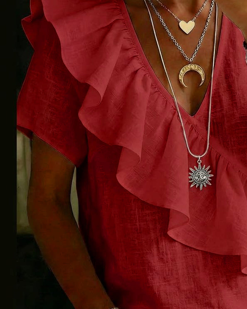 Blouse Col V Manches Courtes Volantée