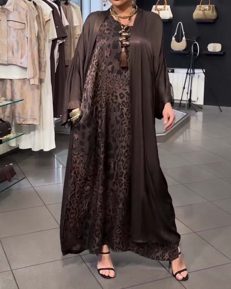 Ensembles Léopard Bretelle Spaghetti Robe Longue Et Cardigan