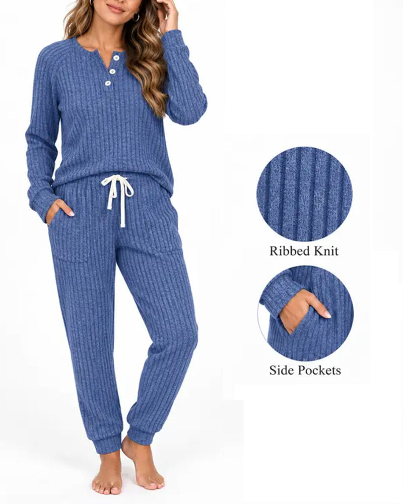 Ensemble Col Henley Rayure Fine Tricoté