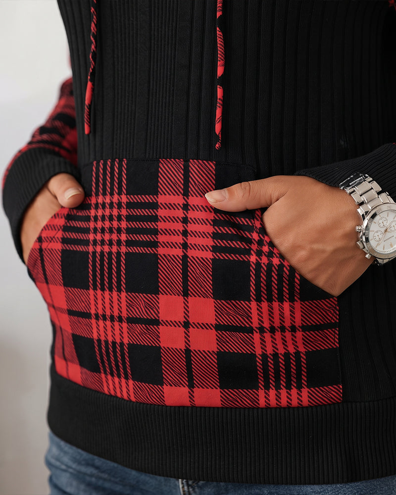 Hoodie Plaid Patchwork Manche-Longue
