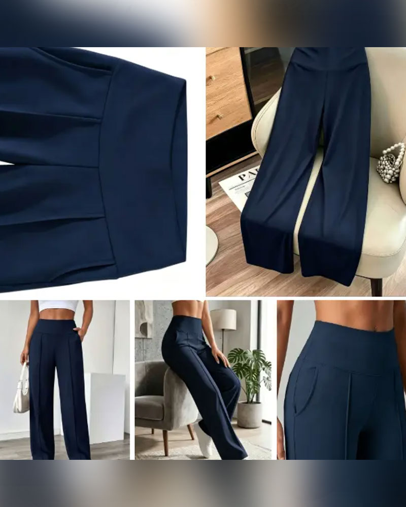 Pantalon Taille Haute Poche Large Jambe Long