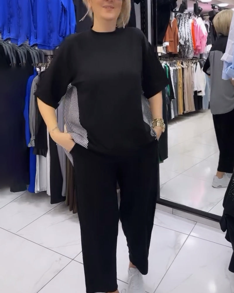 Blouse décontractée patchwork à fines rayures