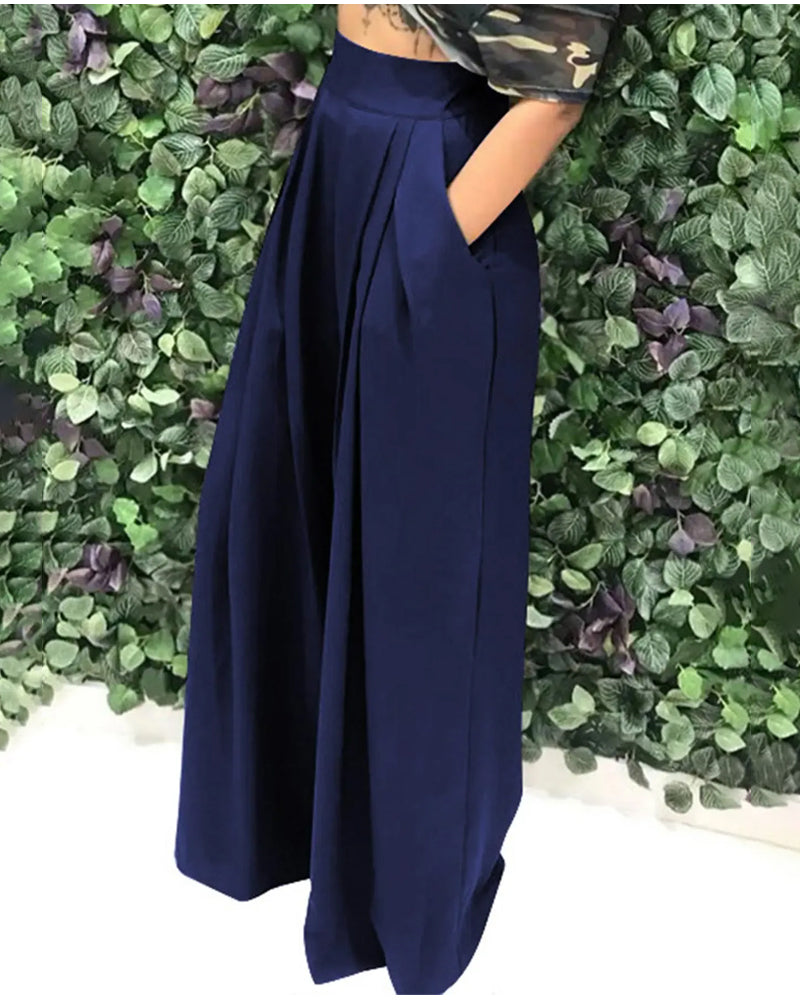 Pantalon Taille Haute Plissé Jambe Large