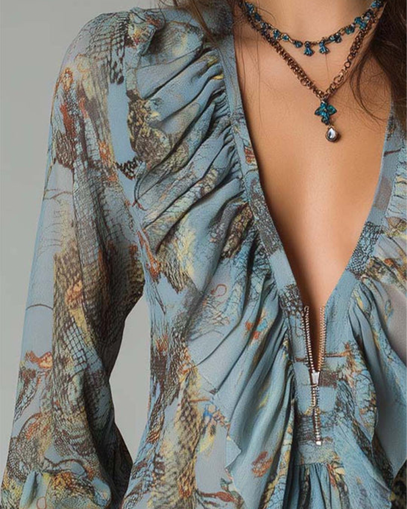 Blouse Profond V Volant Imprimé Élégant