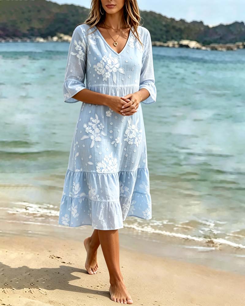 Robe Fleurie Col V Demi-Manches