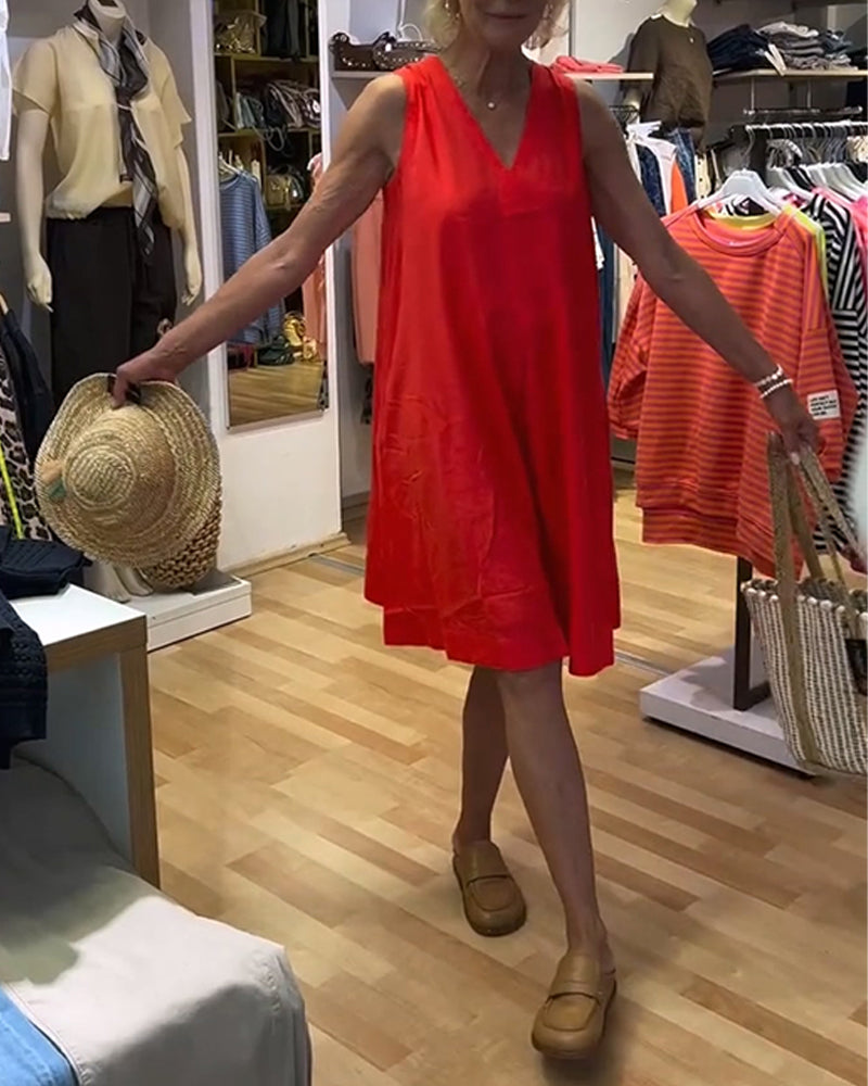 Robe Sans-Manches Col-V Décontractée A-Ligne