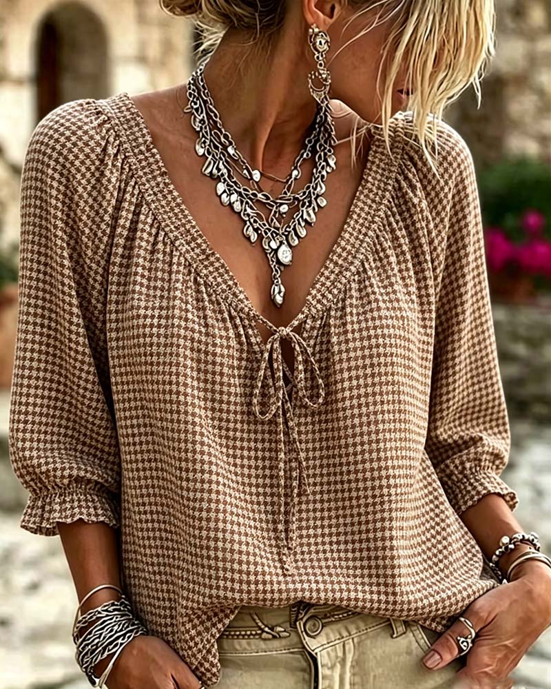 Blouse Col En V Manches Ballon Attacher Pied-De-Poule