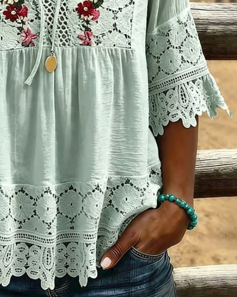 Blouse Attache Panneau Dentelle Décontractée