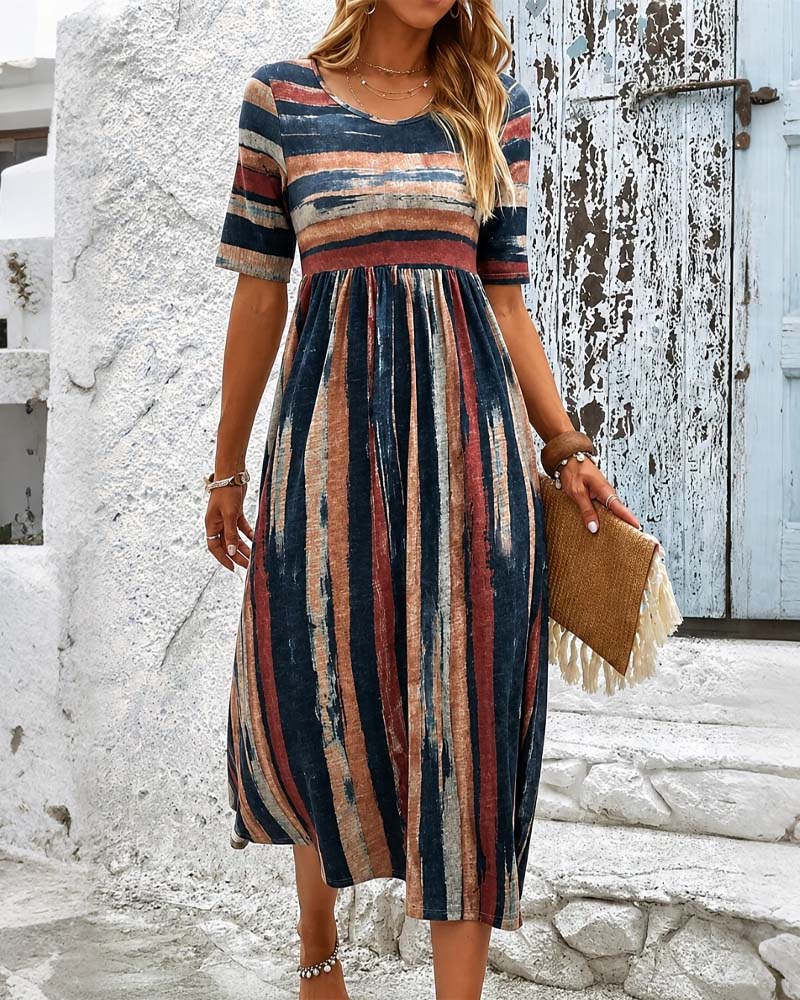 Robe Col Rond Rayé Taille Haute Coupe A