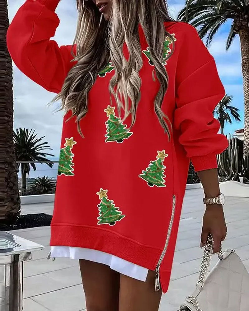Robe Imprimé Sapin De Noël Fermeture Latérale Sweatshirt