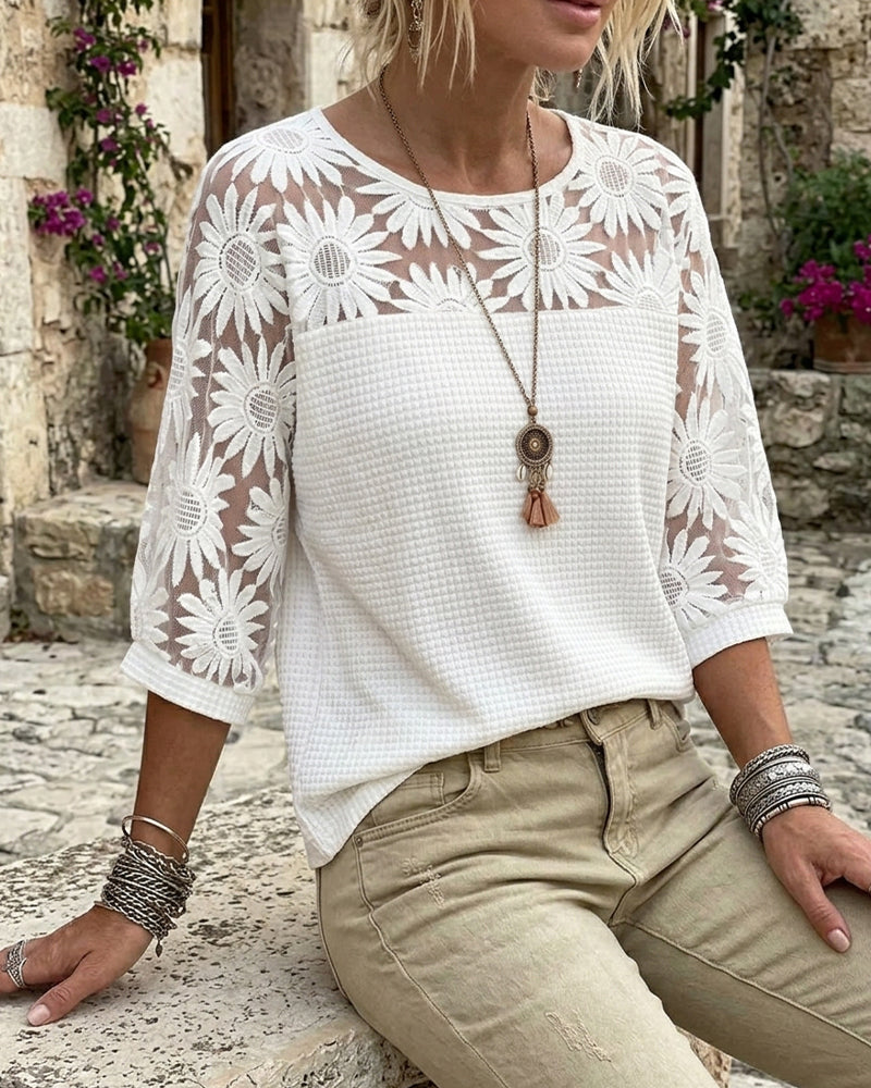 T-Shirt Col Rond Dentelle Gaufrage Patchwork