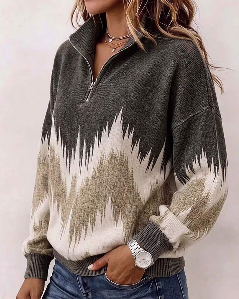 Sweat Col Fermeture Éclair Bloc De Couleur Ample