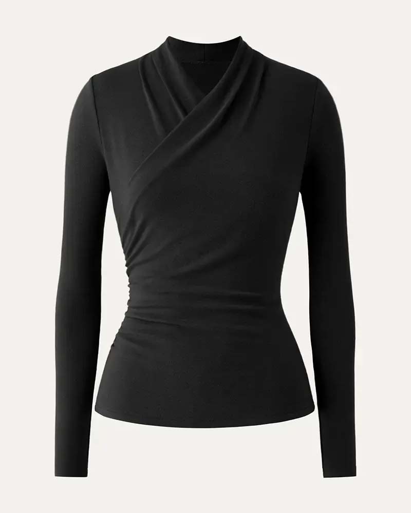 Haut Croisé Col En V Taille Plissée Manches Longues
