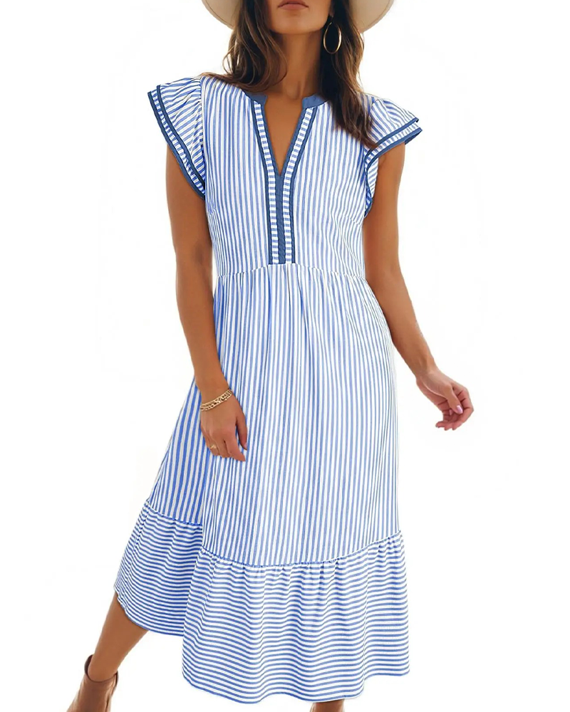 Robe Rayée Double Volant Manches Courtes