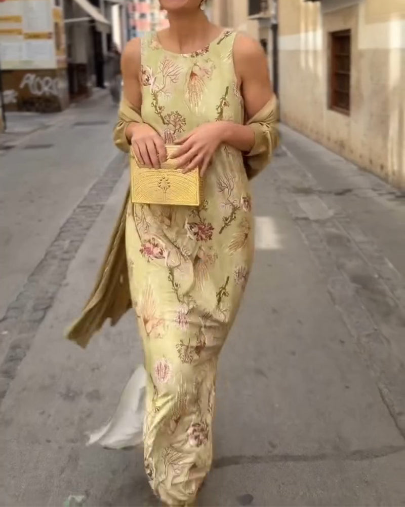 Ensemble Sans Manches Robe Maxi + Cardigan Assorti