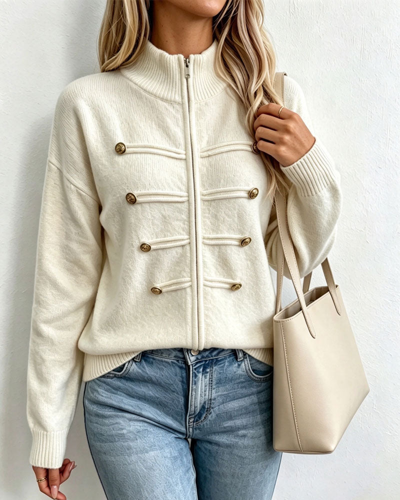 Cardigan Col Mandarin Mode Fermeture Éclair Tricoté