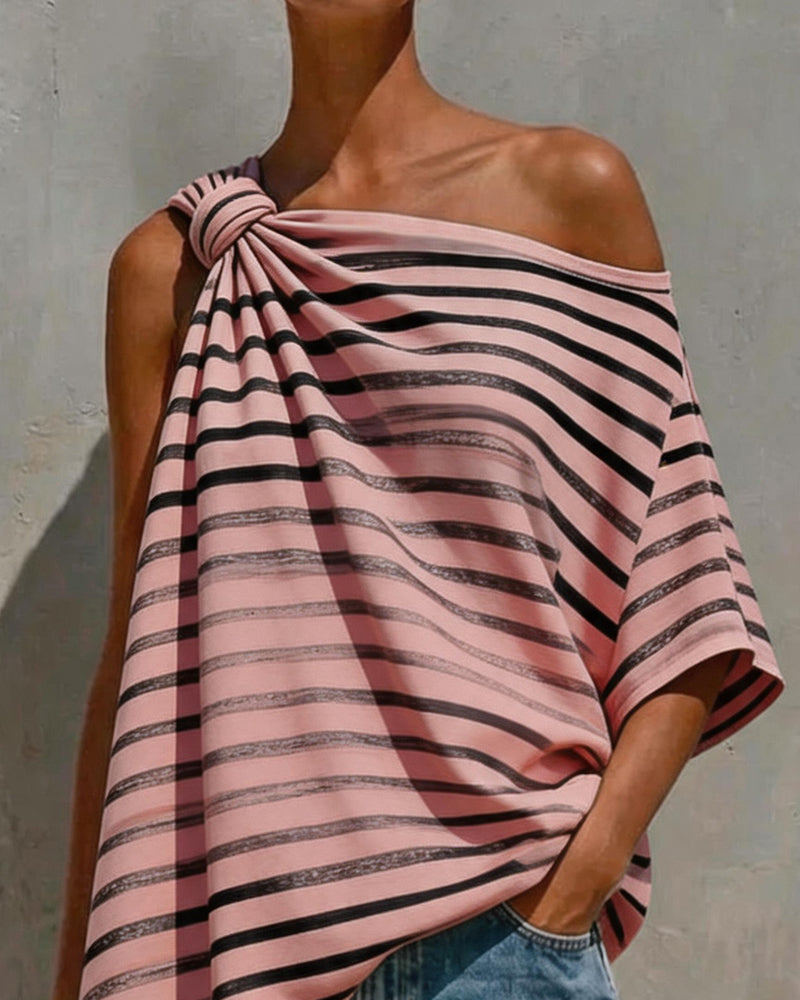 Blouse Rayée Une Épaule Twist Nœud