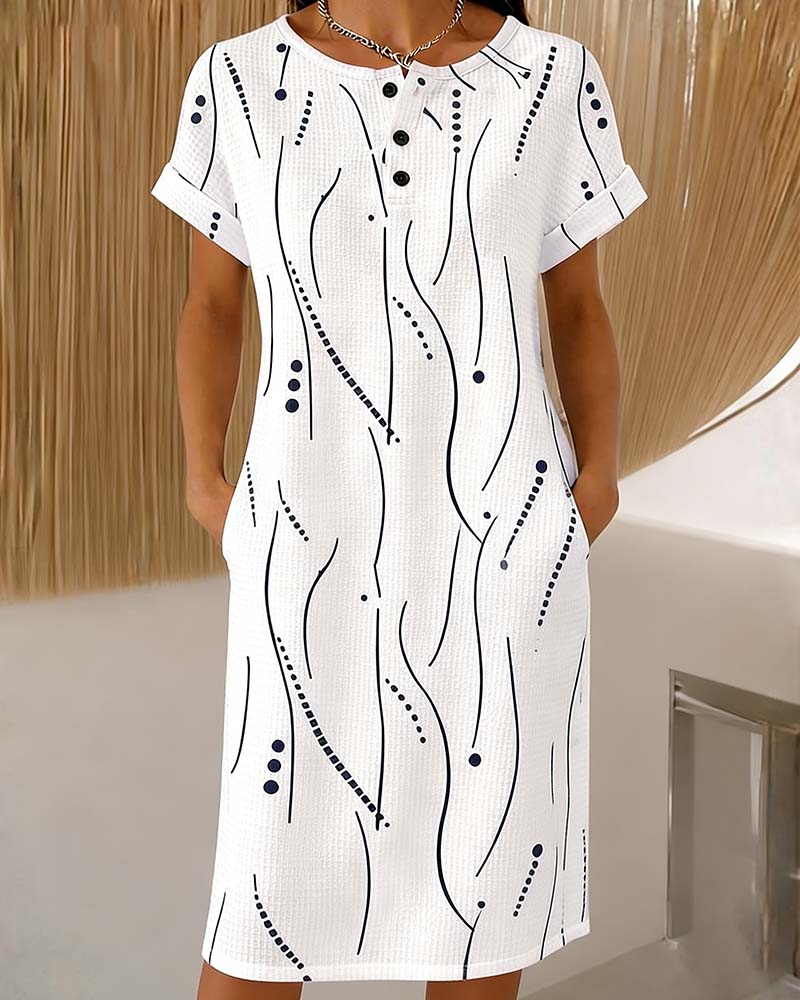 Robe Col Rond Bouton Ligne Gaufré