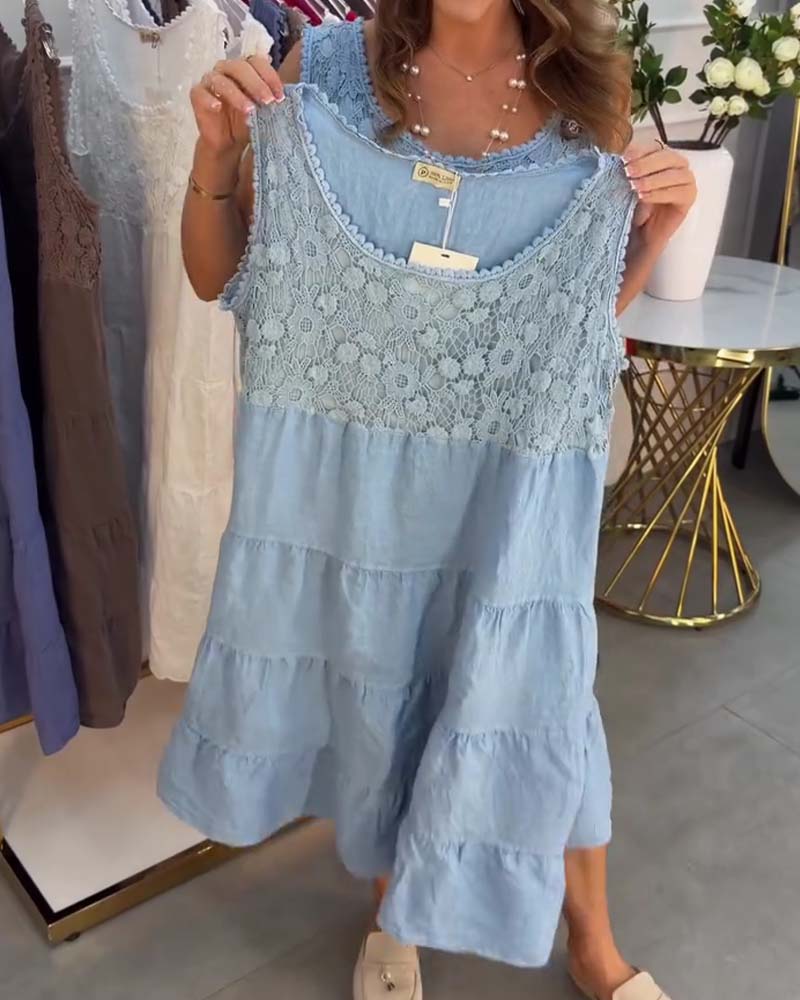 Robe Col Rond Sans Manches Dentelle Superposée