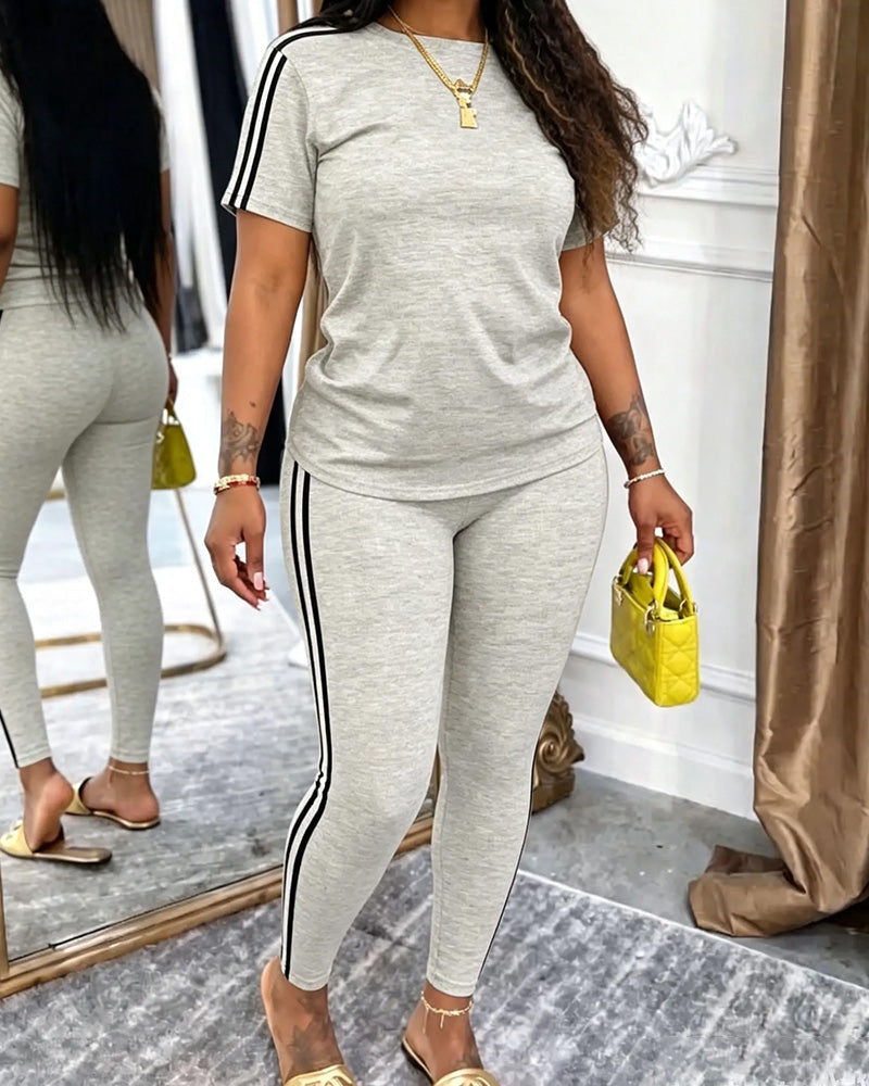 Ensemble Rayé Manches Courtes Pantalon Long Sport
