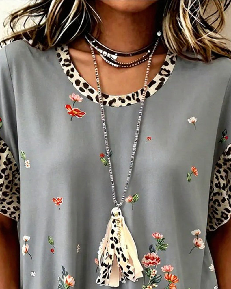 T-Shirt Léopard Patchwork Imprimé Floral