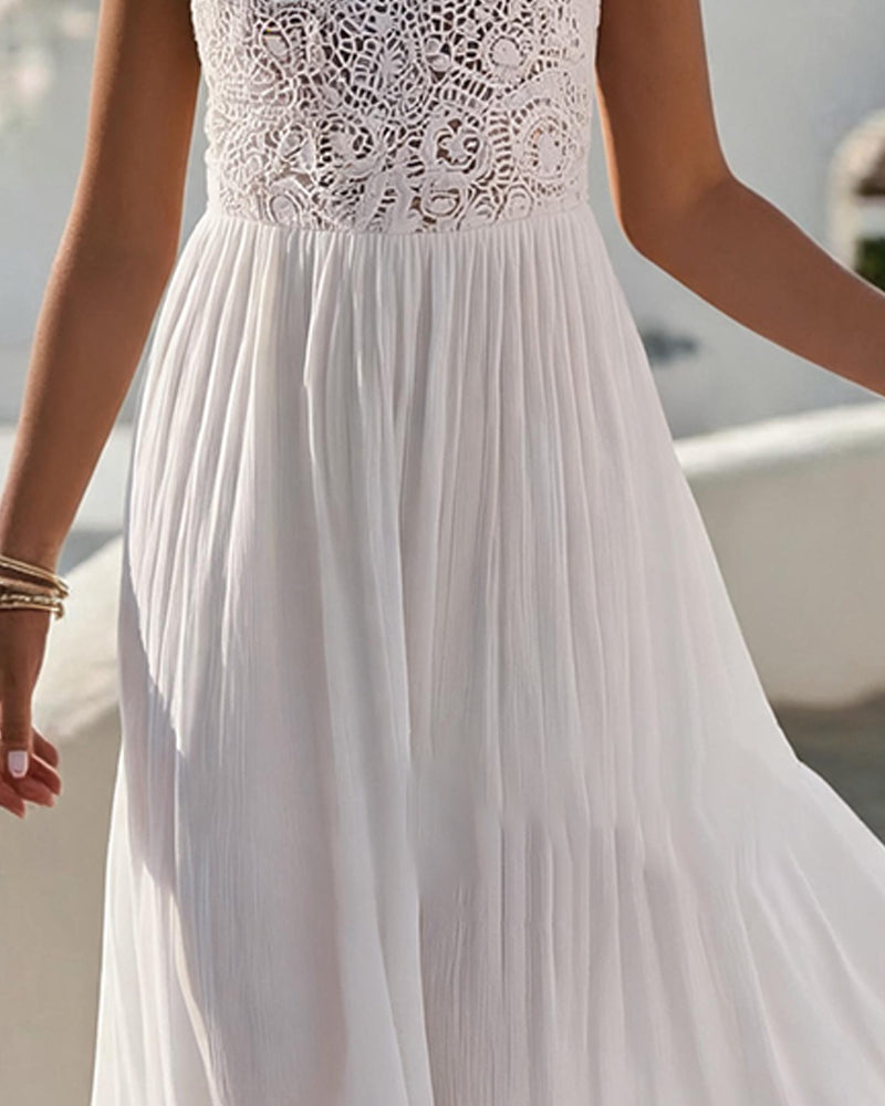 Robe Bretelle Spaghetti Col U Sans Manches Dentelle Patchwork