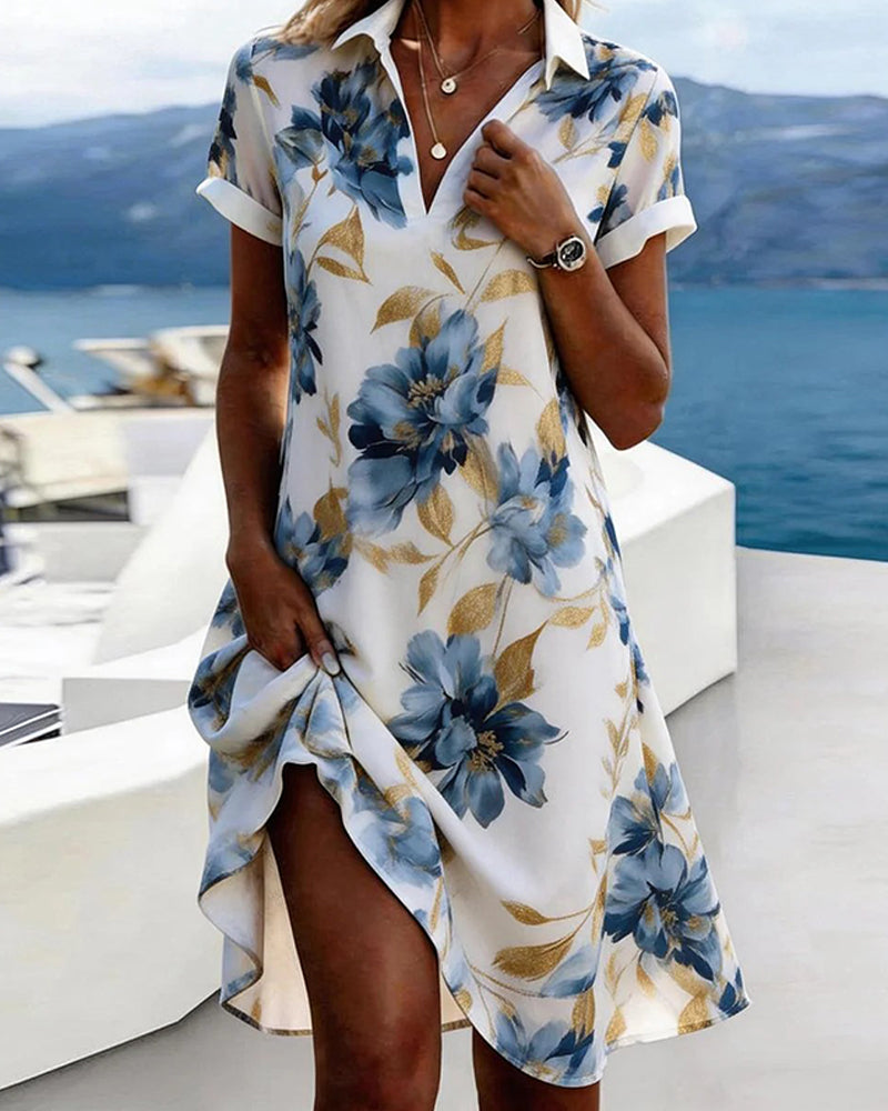 Robe Revers Manche Courte Florale Chemise