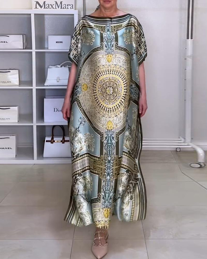 Robe ample fendue imprimée bohème