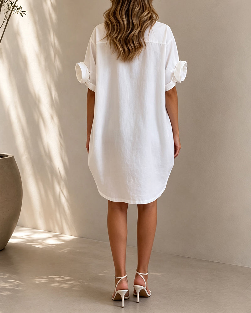 Robe Col Chemise Unie Décontractée