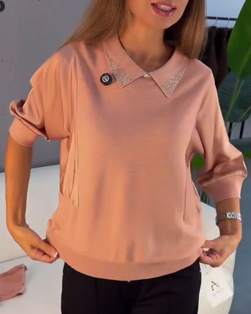 Pullover Revers Manche Coude Tricoté Élégant