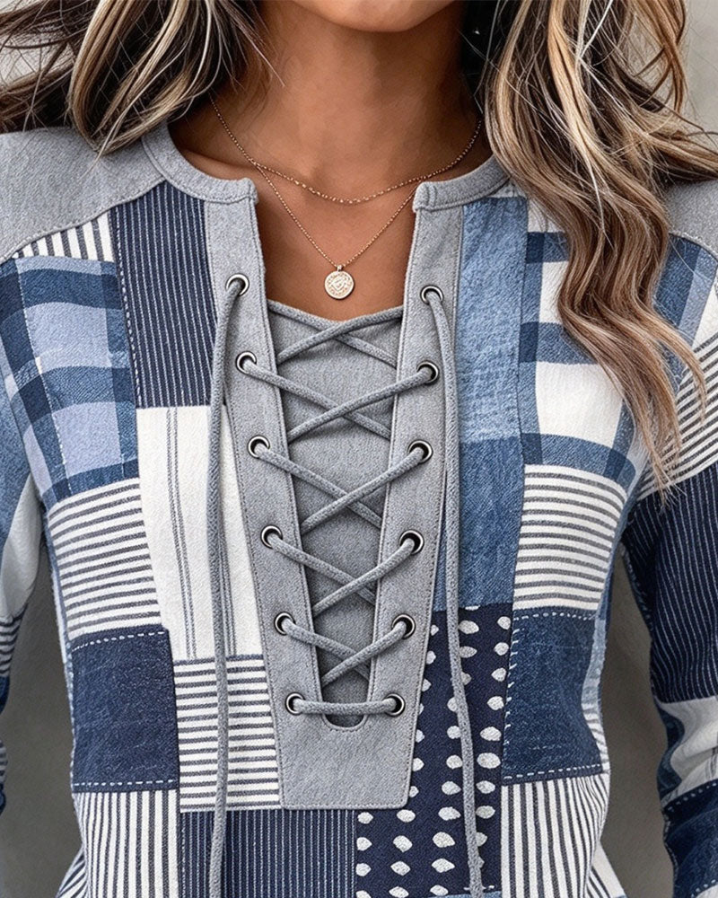 Sweat Lacé À Carreaux Manches Longues Slim