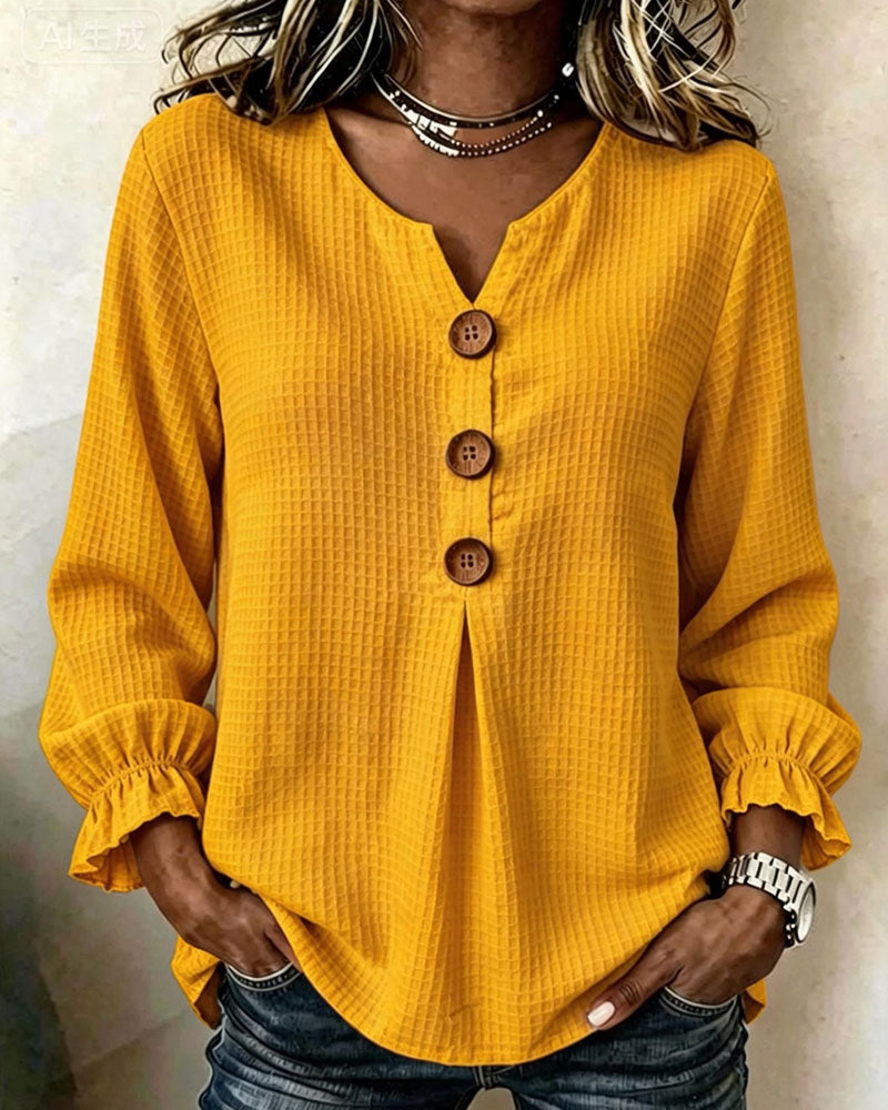 Haut Trois Boutons Manche Volantée Tricot Gaufré Manches Longues
