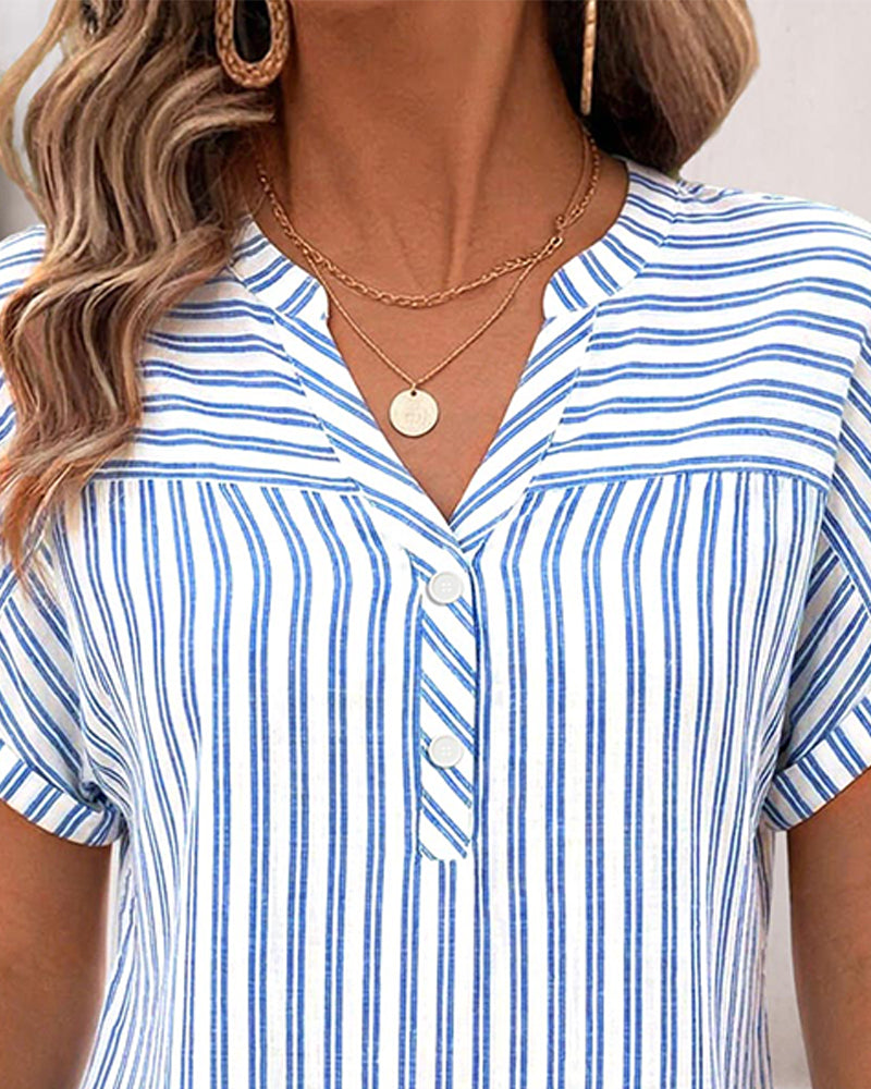 Blouse Rayure Col V Bouton Patchwork