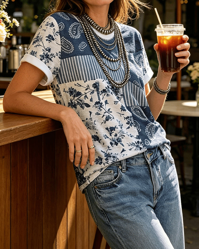 T-Shirt Col Rond Irrégulier Floral