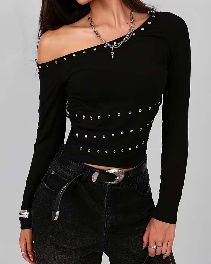 Haut Off-Épaule Clouté Cintré Coupe Slim