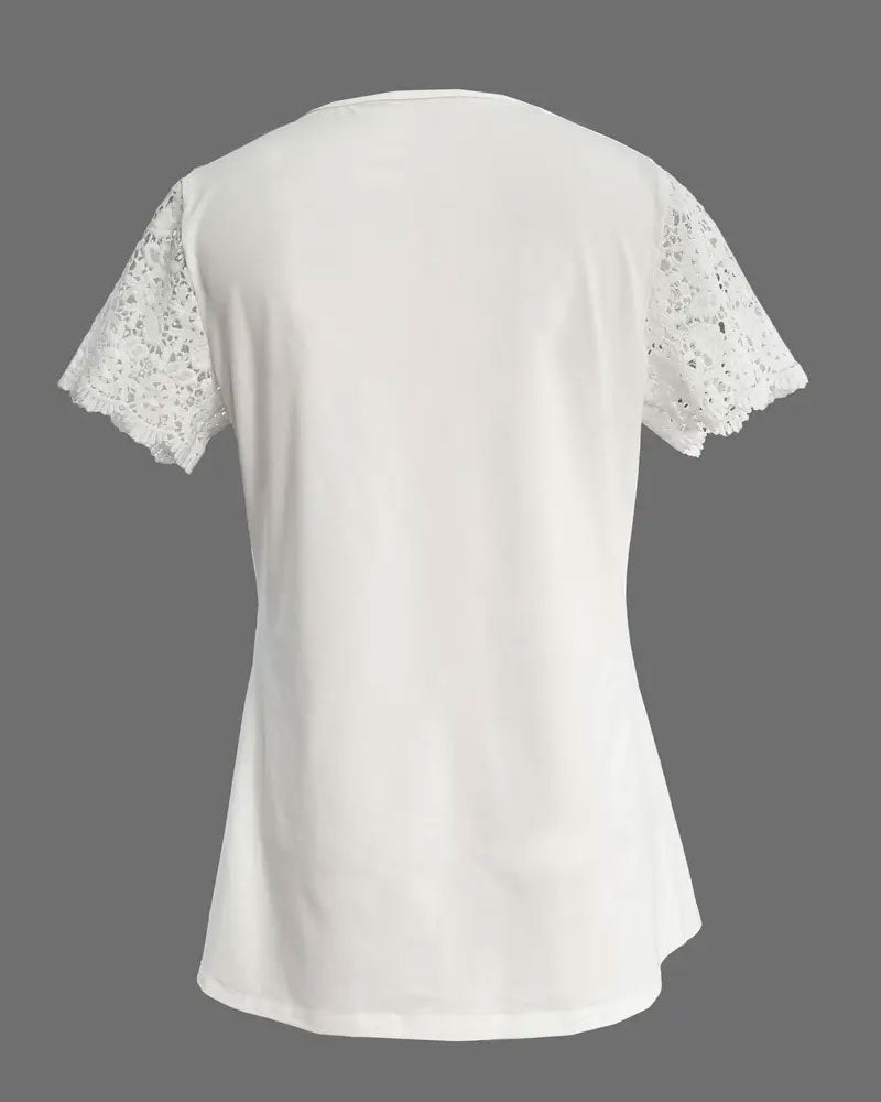 T-Shirt Creux Dentelle Patchwork Plissé