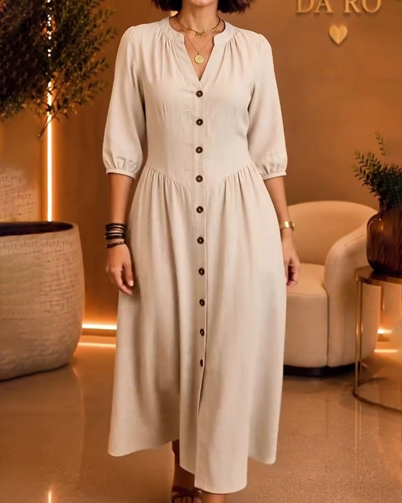 Robe Col En V Bouton Froncée Manche Coude