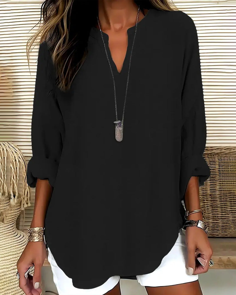 Blouse Col En V Irrégulière Unie Manches Longues