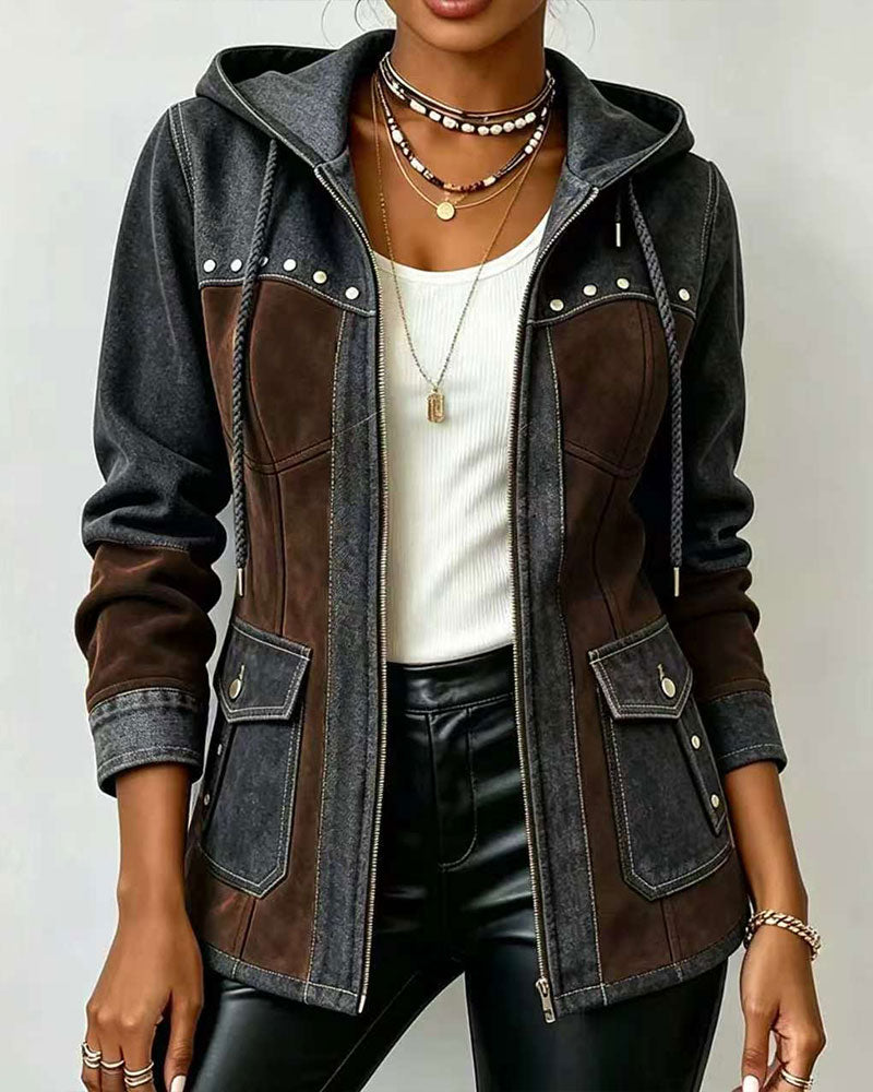 Manteau À Capuche Fermeture Éclair Denim Patchwork
