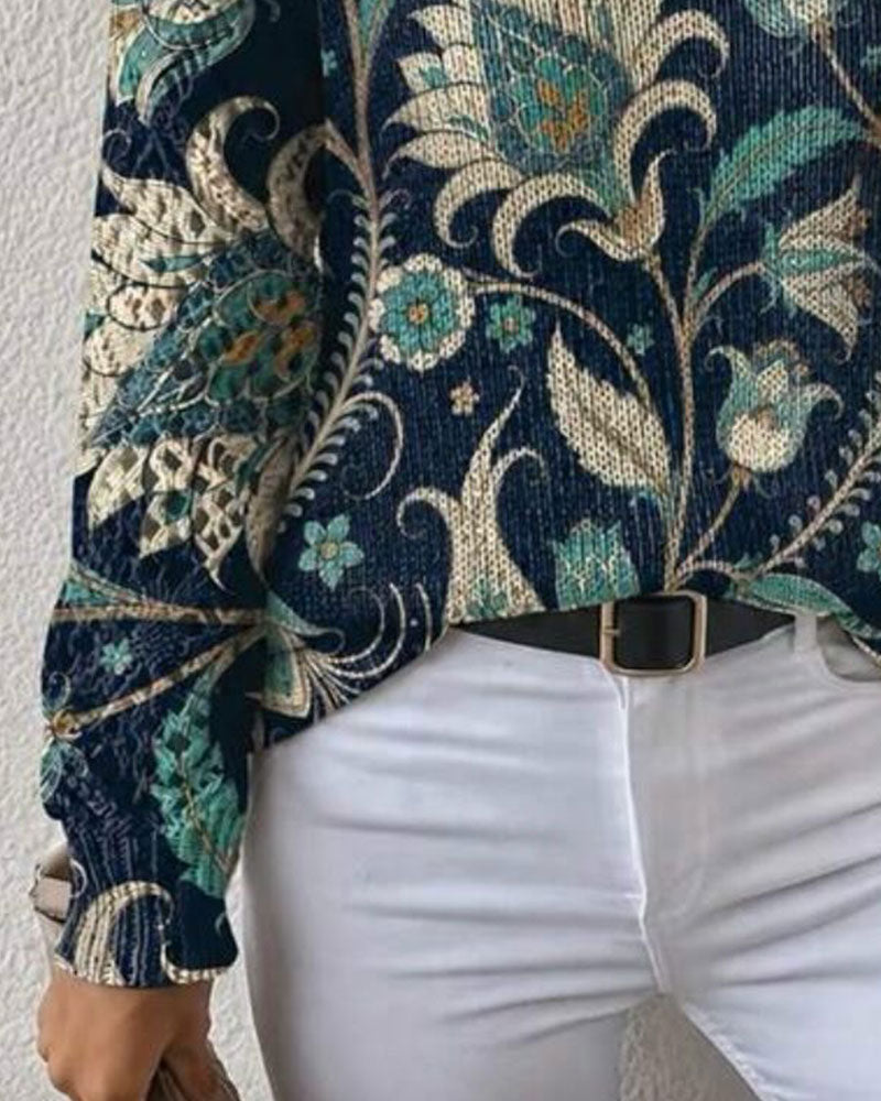 Pullover Col V Manches Longues Imprimé Floral