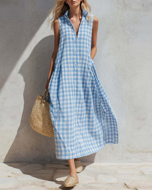 Robe Revers Bleu Et Blanc À Carreaux Sans Manches