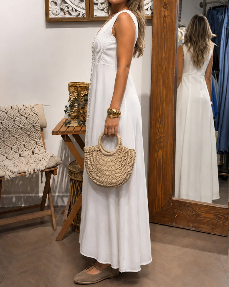 Robe Sans Manches Bouton Devant Blanc Maxi