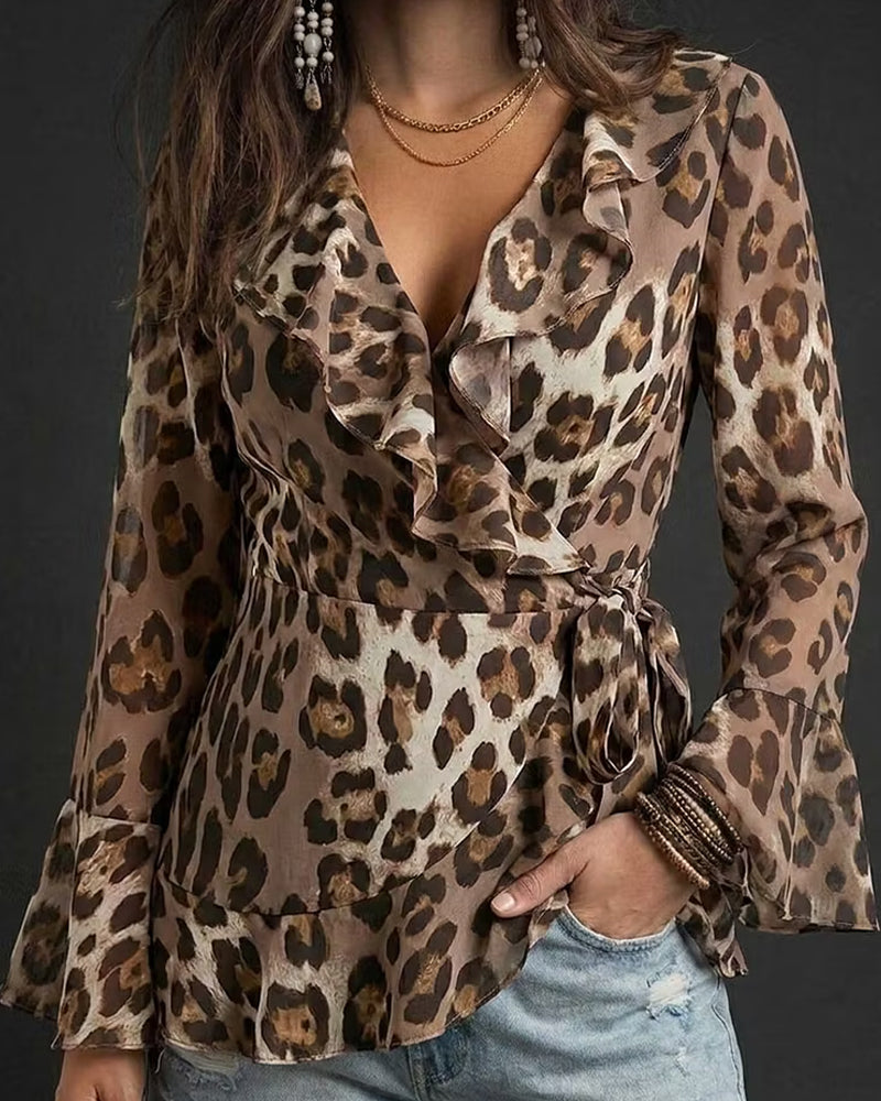 Blouse Volant Manche Léopard Imprimé