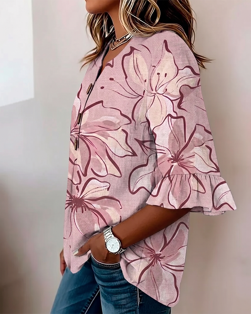 Blouse Col En V Fleuri Volant Manche 3/4