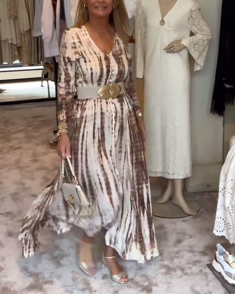 Robe imprimée taille fendue, manches longues et col en V