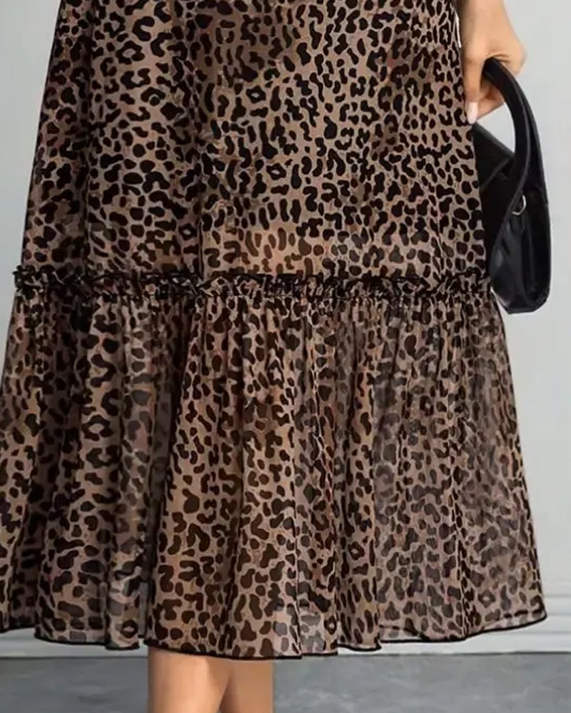 Robe Léopard Col Mock Mesh Midi