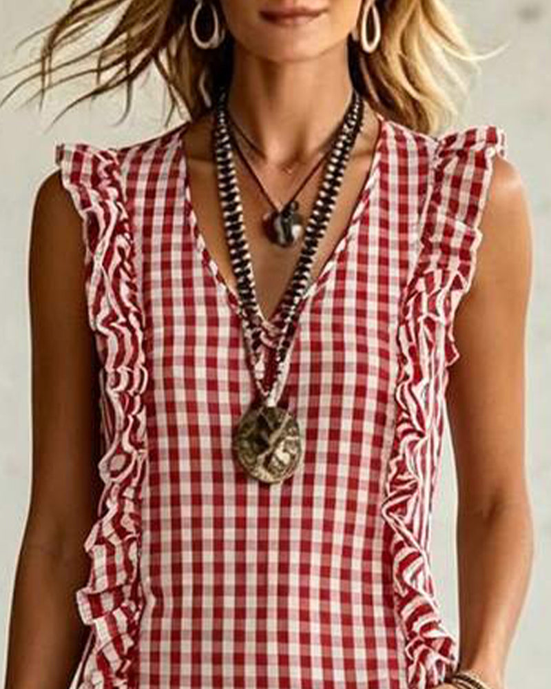 Robe Col V Volant Carreau Sans Manches Maxi