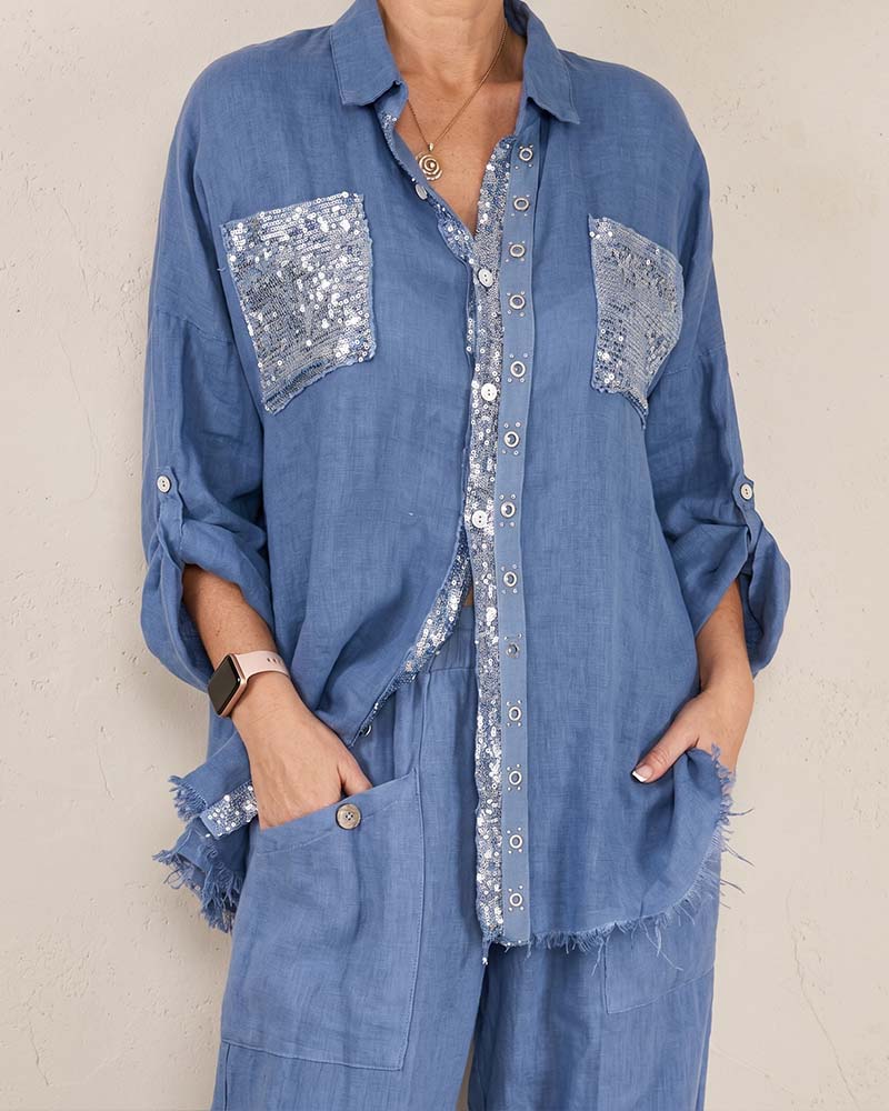 Set Chemise Col V Shimmer Jambe Large Unie