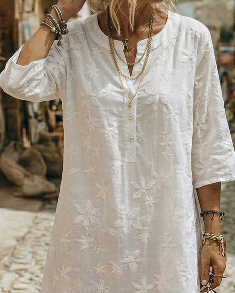 Robes Col Rond Bouton Broderie Ample